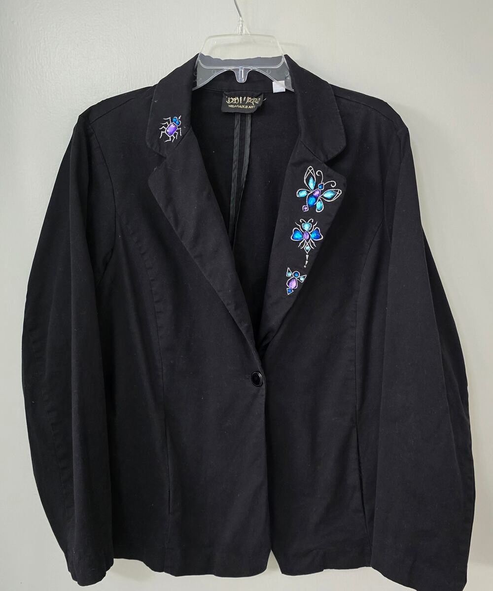 Bob Mackie Wearable Art Black Embellished Blazer Jacket XL Blue Beaded Floral
